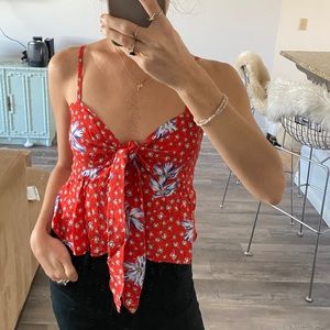 Beach riot red floral tie front tank